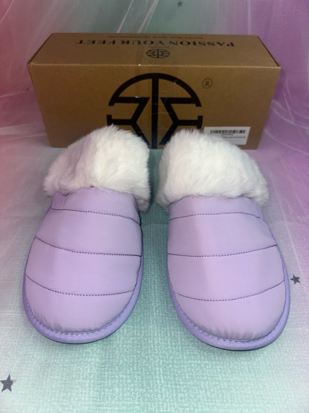 Lavender Quilted Slip-On Slippers with Plush White Faux Fur Cuff